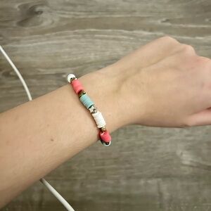 Colorful Beaded Stretch Bracelet - Coral, Aqua & White